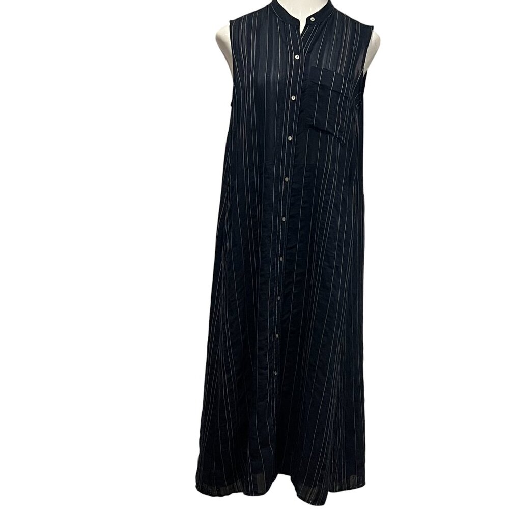 Vince Sleeveless A-line Striped Midi Dress, Pockets, Navy, M